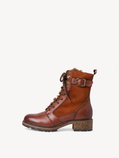 Berwick upon Tweed-Lime Shoe Co-Leather-Tamaris-Cognac-Ankle Boots-Fur-laces-side zip-Block heel-Winter