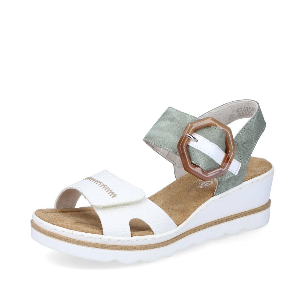 Post weer racket Rieker Ladies White/Green combination Sandals 67476-81 - Lime Shoe Co