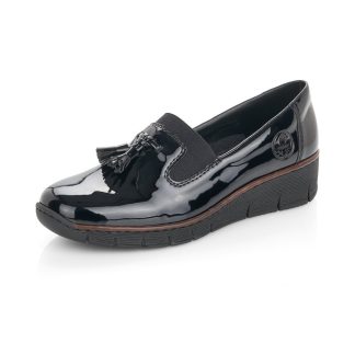 berwick upon tweed-lime shoe co-rieker-black-ladies-53751-slip on-comfort-autumn-winter-tassle