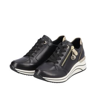 berwick upon tweed-lime shoe co-remonte-ladies-trainers-black and gold-D0T03-comfort-autumn-winter-zip