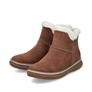 berwick upon tweed-lime shoe co-rieker-brown-ladies-ankle boots-74260-side zip-faux fur-autumn-winter-comfort