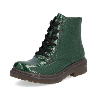 berwick upon tweed-lime shoe co-rieker-ladies-78240-green-reptile-ankle boots-laces-side zip-comfort-autumn-winter