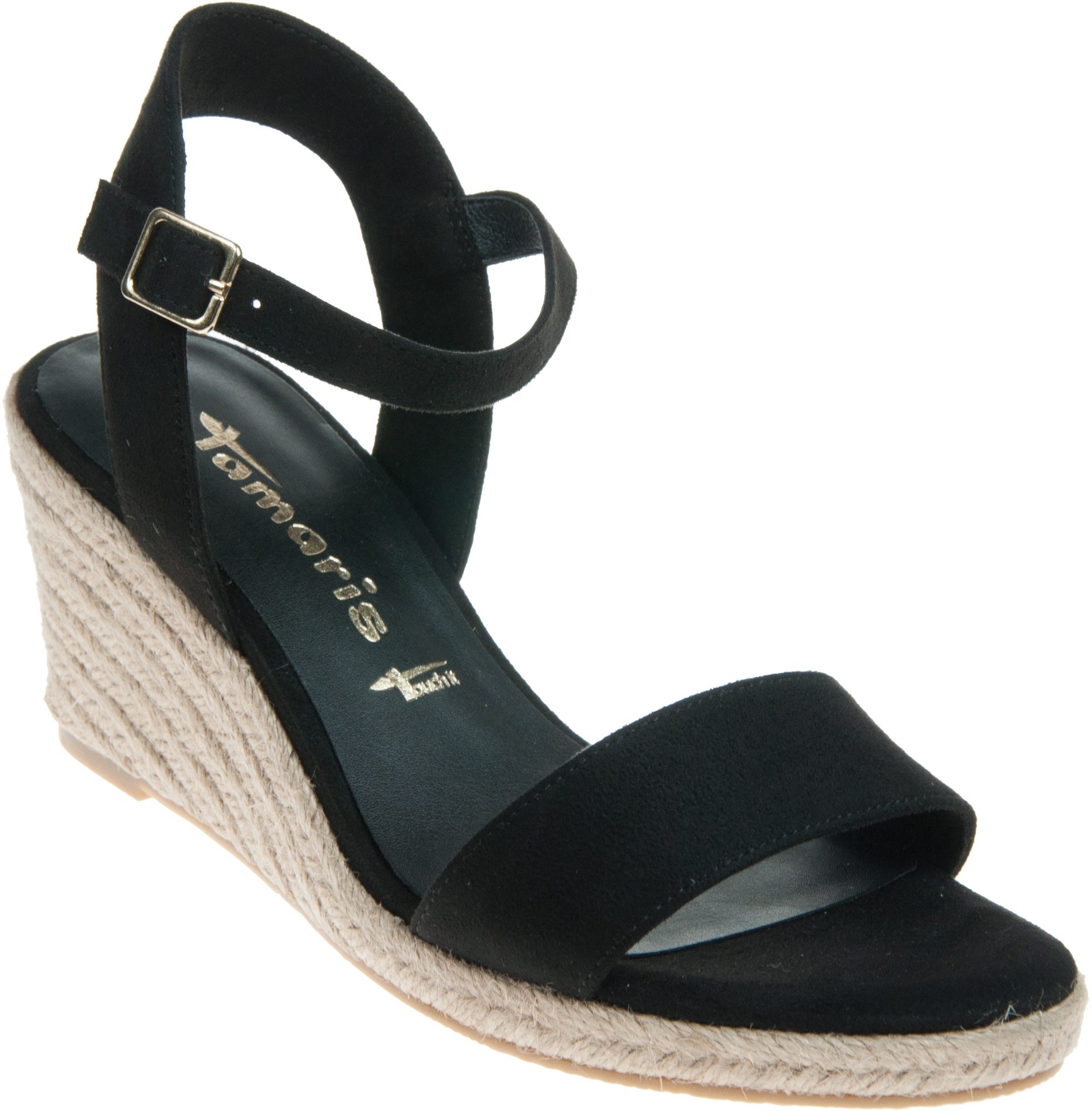 berwick upon tweed-lime shoe co-tamaris-black-sandals-wedge-buckle-comfort-summer-23800