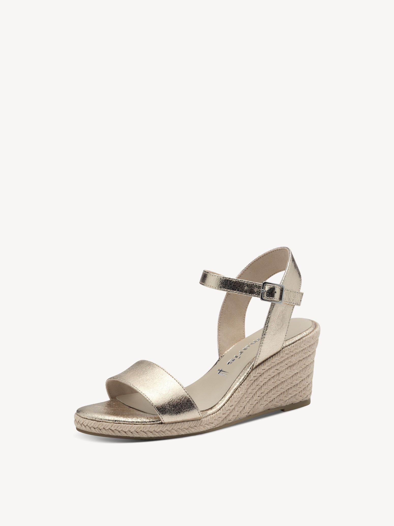 berwick upon tweed-lime shoe co-tamaris-28300-light gold-wedge-buckle-summer-comfort